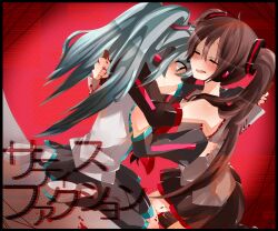  2girls aqua_eyes aqua_hair bad_id bad_pixiv_id black_hair blood boots closed_eyes detached_sleeves hatsune_miku hug kneehighs kneeling knife long_hair multiple_girls skirt socks tieri_211 twintails vocaloid zatsune_miku 