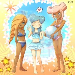  3girls bad_id bad_pixiv_id bare_shoulders barefoot beta_(inazuma_eleven) bikini blonde_hair blue_hair breasts closed_eyes dark-skinned_female dark_skin drill_hair flower hair_over_one_eye heart inazuma_eleven_(series) inazuma_eleven_go inazuma_eleven_go_chrono_stone long_hair medium_breasts mizuhara_aki multiple_girls nail_polish navel no_pupils open_mouth orca_(inazuma_eleven) pink_hair reiza small_breasts smile spoken_heart standing sun swimsuit waving 