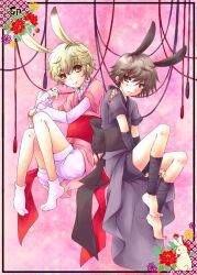  2boys animal_ears blonde_hair brown_eyes brown_hair frills fruits_basket japanese_clothes jewelry multiple_boys muu ring smile sohma_momiji souma_hiro souma_momiji 