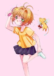  bad_id bad_pixiv_id brown_hair cardcaptor_sakura casual female green_eyes hair_bobbles hair_brush hair_ornament kero_(cardcaptor_sakura) kinomoto_sakura messy_hair pekoperi short_hair socks 