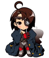  :&lt; ahoge bad_id bad_pixiv_id blush brown_hair camouflage chibi commentary_request eyepatch female gakuran gloves highres jacket justice_gakuen kazama_akira knee_pads school_uniform shiritsu_justice_gakuen short_hair simple_background skull solo usuiken white_background 