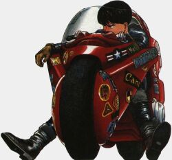  1990s_(style) 1boy akira_(manga) black_hair boots highres kaneda_shoutarou&#039;s_bike kaneda_shoutarou_(akira) male_focus motor_vehicle motorcycle official_art product_placement retro_artstyle scan solo sticker 