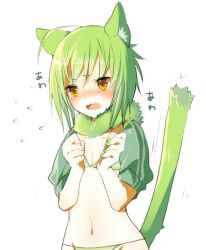  :o ahoge animal_ear_fluff animal_ears bad_id bad_pixiv_id bikini blush breasts cat_ears cat_tail cleavage clenched_hands collarbone double_vertical_stripe embarrassed female flying_sweatdrops fur_collar fur_trim green_bikini green_hair green_nails groin hair_between_eyes hands_up looking_at_viewer mofuaki mole mole_under_eye motion_lines nail_polish navel nervous nose_blush oerba_yun_fang open_mouth orange_eyes original raised_eyebrow short_hair short_sleeves simple_background small_breasts solo sound_effects star_(symbol) stiff_tail string_bikini striped_bikini striped_clothes swimsuit tail translated upper_body wavy_mouth white_background white_bikini 