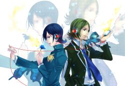  2boys blue_eyes blue_hair brown_eyes brown_hair commentary_request flower hair_over_one_eye headphones implied_yaoi kasugayama_high_school_uniform kurosu_jun lighter multiple_boys necktie persona persona_2 persona_2_tsumi school_uniform seven_sisters_high_school_uniform string string_of_fate suou_tatsuya white-light zoom_layer 