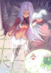  albino animal_on_arm bird bird_on_arm black_ribbon black_tea boots broken broken_pillar broken_table buttons chair chinese_commentary column commentary_request contrapposto crack cup dress_shirt fate/zero fate_(series) female flower_pot from_above full_body hand_up irisviel_von_einzbern leaning_to_the_side light_smile long_hair looking_at_animal looking_to_the_side madyy magic miniskirt neck_ribbon no_legwear parted_bangs photoshop_(medium) pillar plant potted_plant red_eyes red_shirt ribbon round_table ruins saucer shadow shirt sidelocks skirt solo standing table tea teacup thigh_boots tile_floor tiles vase very_long_hair white_footwear white_hair white_skirt 