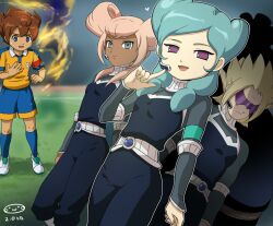  2boys 2girls armband bad_id bad_pixiv_id beta_(inazuma_eleven) blue_eyes brown_hair dorimu dutch_angle green_hair headset inazuma_eleven_(series) inazuma_eleven_go inazuma_eleven_go_chrono_stone lightning_bolt_symbol long_hair matsukaze_tenma mizuhara_aki multiple_boys multiple_girls no_pupils open_mouth orca_(inazuma_eleven) pink_hair protocol_omega purple_eyes raimon raimon_soccer_uniform short_hair soccer_uniform sportswear 