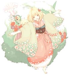  ao_no_exorcist bad_id bad_pixiv_id barefoot blonde_hair blush bob_cut female flower grass haori japanese_clothes kimono moriyama_shiemi naru_co plant short_hair smile 