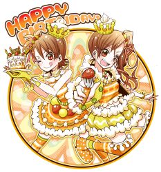  2girls :p bare_shoulders brown_eyes brown_hair cake commentary_request dress emu_(toran) food fork fruit futami_ami futami_mami gloves happy_birthday highres idolmaster idolmaster_(classic) long_hair midriff multiple_girls navel one_eye_closed open_mouth short_hair siblings side_ponytail sisters smile socks strawberry striped_clothes striped_socks thighhighs tongue tongue_out twins 