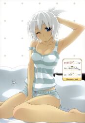  absurdres arm_up armpits bare_shoulders between_thighs blue_eyes bomi breasts cleavage female grey_shorts highres no_bra one_eye_closed original photoshop_(medium) short_ponytail shorts sitting small_breasts solo strap_slip tan tanlines wariza white_hair 