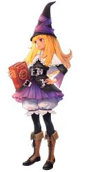  blonde_hair bloomers book boots cross-laced_footwear female full_body grimgrimoire grimoire hand_on_own_hip hat holding holding_book kamitani_george lace-up_boots lillet_blan long_hair official_art pantyhose purple_eyes simple_background solo standing underwear wand witch_hat 