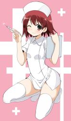  ;) arakawa_kei blush brown_eyes brown_hair clipboard commentary_request female hat highres itamochi nurse nurse_cap one_eye_closed saki_(manga) saki_achiga-hen short_hair smile solo syringe thighhighs 