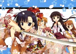  anna_yurievna_cocolova fujima_takuya japanese_clothes kagurazaka_asuna kimono konoe_konoka mahou_sensei_negima negi_springfield petals sakurazaki_setsuna sword weapon 