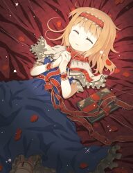  alice_margatroid bed blonde_hair book capelet closed_eyes commentary_request doll_joints dress female garter_straps hairband joints lying ooide_chousuke own_hands_clasped own_hands_together petals photoshop_(medium) sleeping solo string thighhighs touhou white_thighhighs wrist_cuffs 