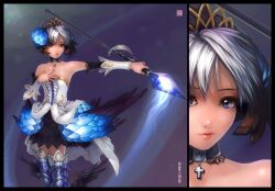  armor armored_dress bare_shoulders blue_eyes chinese_commentary commentary_request crown dress female greaves gwendolyn_(odin_sphere) inset odin_sphere photoshop_(medium) polearm realistic short_hair solo spear strapless strapless_dress weapon white_hair zhaoyebai 