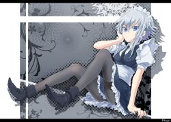  bad_id bad_pixiv_id black_pantyhose blue_eyes female grey_hair high_heels izayoi_sakuya kikugetsu maid_headdress necktie pantyhose shoes short_hair solo touhou 