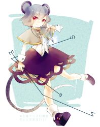  animal_ears arm_up azuma_aya capelet commentary_request dowsing_rod female gem grey_hair jewelry long_sleeves looking_at_viewer mouse_ears mouse_tail nazrin necklace pendant photoshop_(medium) red_eyes shirt short_hair skirt smile solo tail touhou 