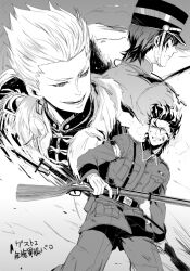  3boys ahoge bad_id bad_pixiv_id blood cuts diarmuid_ua_duibhne_(lancer)_(fate) earrings epaulettes fate/zero fate_(series) gilgamesh_(fate) greyscale gun hat injury jewelry kotomine_kirei male_focus military military_uniform monochrome multiple_boys rifle shako_cap sunday31 toggles uniform weapon 