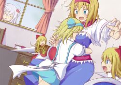  +++ 3girls alice_margatroid alice_margatroid_(pc-98) between_breasts blonde_hair blue_eyes blue_hairband blush blush_stickers book bow breasts capelet closed_eyes commentary_request curtains doll dress face_between_breasts face_to_breasts grey_hair hair_bobbles hair_ornament hair_ribbon hairband hairbow head_between_breasts hourai_doll hug kenuu_(kenny) lance laughing long_hair medium_breasts multiple_girls open_mouth polearm ribbon shanghai_doll shield shinki_(touhou) short_hair side_ponytail skirt string suspenders sweat time_paradox touhou touhou_(pc-98) weapon window 