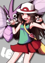  bag blue_(pokemon) brown_hair female guriko_(mossari) hat pixiv_manga_sample poke_ball pokemon porkpie_hat red_skirt skirt smile venomoth 