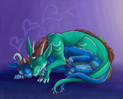  5:4 avoid_posting claws cuddling dragon entwined_tails feral heart_symbol horn lawlzy mane mythological_creature mythological_scalie mythology scalie size_difference sleeping smoke spiked_tail spikes spikes_(anatomy) tail tail_coil 