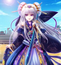  commentary_request detached_sleeves female hair_ornament haura_akitoshi long_hair open_mouth photoshop_(medium) purple_eyes sangokushi_taisen solo sword tiara touhaku very_long_hair weapon white_hair 