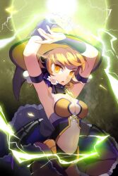  armpits arms_up bare_shoulders blonde_hair breasts bustier electricity female frilled_skirt frills gilse hat lowres medium_breasts midriff navel open_mouth parfunte skirt solo sword_girls wings witch_hat yellow_eyes 