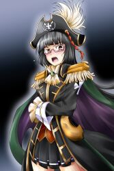  ascot black_hair blush brown_eyes cape chiaki_kurihara commentary_request epaulettes female glasses hat hat_feather highres long_hair miniskirt_pirates open_mouth pirate pirate_hat rapier red-framed_eyewear semi-rimless_eyewear skull_and_crossbones solo suga_leon sweatdrop sword tsundere weapon 