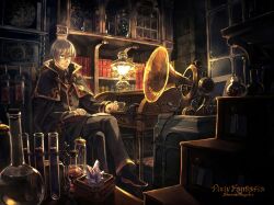  1boy book bookshelf chair clock commentary_request cup drawer ellius_(pixiv_fantasia) glasses gloves indoors key lamp loaded_interior male_focus minami_seira phonograph photoshop_(medium) pixiv_fantasia pixiv_fantasia_sword_regalia room shelf sitting solo test_tube white_hair 