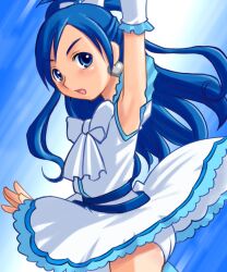  blue_eyes blue_hair commentary_request cure_white dress earrings female futari_wa_precure gloves houman jewelry long_hair magical_girl panties precure ribbon underwear white_panties yukishiro_honoka 