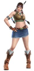  3d abs boots breasts denim denim_skirt female female fingerless_gloves full_body gloves headband highres julia_chang navel simple_background solo tekken transparent_background 