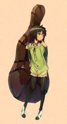  :o bandaid brown_eyes brown_hair commentary_request dark-skinned_female dark_skin double_bass female finger_to_mouth highres hinasaki_you holding instrument instrument_case nail_polish original pantyhose photoshop_(medium) solo striped_clothes striped_pantyhose vertical_stripes 