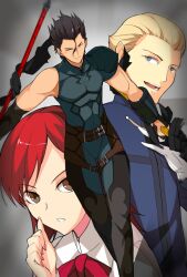  2boys ahoge bad_id bad_pixiv_id black_hair blonde_hair blue_eyes brown_eyes diarmuid_ua_duibhne_(lancer)_(fate) fate/zero fate_(series) female gae_buidhe_(fate) gae_dearg_(fate) kayneth_el-melloi_archibald masin0201 mole mole_under_eye multiple_boys polearm red_hair short_hair sola-ui_nuada-re_sophia-ri spear weapon yellow_eyes 