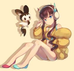  asymmetrical_footwear black_hair blue_eyes coat commentary_request elesa_(pokemon) emolga female fur_coat headphones long_hair mismatched_footwear moe_(hamhamham) no_socks pokemon pokemon_(creature) pokemon_bw2 sitting tail 