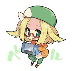  bag beret bianca_(pokemon) blonde_hair case character_name chibi commentary female glasses green_eyes hat hat_ribbon jacket nakamura_sandayo pokemon pokemon_bw2 ribbon semi-rimless_eyewear shoulder_bag smile solo 