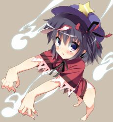  bad_id bad_pixiv_id barefoot black_hair blue_eyes blush female from_above hat hat_ornament miyako_yoshika no_pants ofuda outstretched_arms panties short_hair side_ponytail solo star_(symbol) star_hat_ornament supershiruco touhou underwear white_panties zombie_pose 