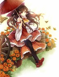  ascot black_hair black_pantyhose bow brown_eyes bug butterfly commentary_request detached_sleeves female flower glowing_butterfly hagiwara_rin hair_tubes hairbow hakurei_reimu long_hair md5_mismatch nature oil-paper_umbrella orange_flower pantyhose red_bow resolution_mismatch sitting solo source_smaller touhou umbrella yellow_butterfly zinnia 