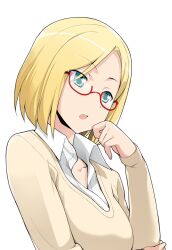  artist_request blonde_hair claudia_madobe female glasses microsoft_windows red-framed_eyewear semi-rimless_eyewear simple_background solo sweater under-rim_eyewear 