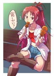  baseball_uniform blue_shorts boots border bow commentary_request dango e20 eating female food hairbow hiroshima_touyou_carp long_hair mahou_shoujo_madoka_magica mahou_shoujo_madoka_magica_(anime) midriff navel nippon_professional_baseball ponytail red_eyes red_hair sakura_kyoko shorts solo speech_bubble sportswear translated wagashi white_border wide_ponytail 