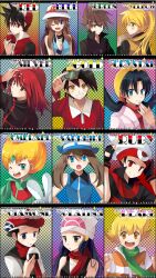  5girls 6+boys :d ;d aqua_eyes backwards_hat bandana barry_(pokemon) baseball_cap beanie black_hair blonde_hair blue_hair blue_oak brendan_(pokemon) brown_hair character_name chocho_(homelessfox) commentary_request dawn_(pokemon) eating emerald_(pokemon) ethan_(pokemon) everyone fingerless_gloves food gloves goggles goggles_on_head green_(pokemon) green_eyes grey_eyes hair_ornament hat highres holding holding_poke_ball jacket jewelry kris_(pokemon) long_hair lucas_(pokemon) may_(pokemon) multiple_boys multiple_girls oerba_yun_fang one_eye_closed onigiri open_mouth pendant photoshop_(medium) poke_ball poke_ball_(basic) pokemon pokemon_adventures ponytail red_(pokemon) red_eyes red_hair scarf silver_(pokemon) smile spiked_hair straw_hat teeth twintails v yellow_(pokemon) yellow_eyes 