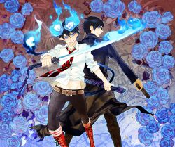  2boys ao_no_exorcist beepaint black_hair blue_eyes blue_fire blue_flower blue_rose boots brothers coat commentary_request fire flame-tipped_tail flaming_sword flaming_weapon flower glasses glowing glowing_eyes gun katana long_coat multiple_boys necktie okumura_rin okumura_yukio photoshop_(medium) pointy_ears rose sheath short_hair siblings striped striped_necktie sword tail trench_coat weapon 