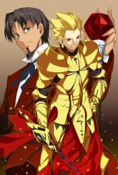  2boys armor bad_id bad_pixiv_id blonde_hair blue_eyes brown_hair cane ea_(fate/stay_night) earrings facial_hair fate/zero fate_(series) formal gem gilgamesh_(fate) goatee jewelry male_focus masin0201 multiple_boys suit sword tohsaka_tokiomi weapon 