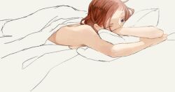  bad_id bad_pixiv_id bed bed_sheet blanket blue_eyes breast_press breasts brown_hair female kurage long_hair nude pillow saki_(manga) sideboob small_breasts solo takei_hisa wince 