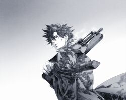  1boy bad_id bad_pixiv_id bullpup cigarette emiya_kiritsugu fate/zero fate_(series) gun large_hands looking_to_the_side male_focus monochrome necktie over_shoulder rifle smoke sniper_rifle solo tamotsu_(tuft) walther walther_wa_2000 weapon weapon_over_shoulder 