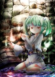  bucket commentary_request female green_hair hair_bobbles hair_ornament japanese_clothes kimono kisume obi photoshop_(medium) red_eyes sash short_hair sitting smile socks solo sugiyuu touhou twintails wariza well wet wet_clothes white_kimono white_socks 