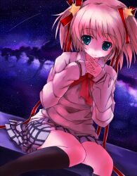  blonde_hair blue_eyes commentary_request female fukoujiman kamikita_komari little_busters! milky_way nebula night plaid plaid_skirt ribbon school_uniform sitting skirt sky solo star_(sky) starry_sky tears twintails 