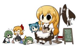  5girls :&lt; aged_down antennae artist_name ascot bad_id bad_pixiv_id bird blonde_hair blue_eyes blue_hair blush book bow braid cape chalkboard chibi cirno closed_eyes daiyousei dress english_text engrish_text fairy_wings green_eyes green_hair hair_ribbon hairbow hat kirisame_marisa lolicon lying menu_board multiple_girls mystia_lorelei mystia_lorelei_(bird) open_mouth ponytail quill ranguage ribbon rumia short_hair side_ponytail sitting skirt skirt_set smile sparrow star_(symbol) touhou toy_car transparent_background unworn_hat unworn_headwear wings witch_hat wriggle_nightbug yawning yellow_eyes yuasan 