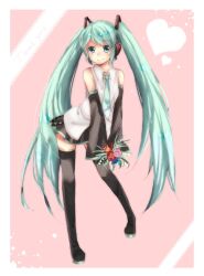  aqua_eyes aqua_hair bad_id bad_pixiv_id boots bouquet detached_sleeves female flower hatsune_miku highres ikeuchi_tanuma long_hair necktie skirt smile solo thigh_boots thighhighs twintails very_long_hair vocaloid 