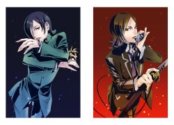  2boys black_eyes black_hair brown_eyes brown_hair commentary_request flower hair_over_one_eye kasugayama_high_school_uniform katana kurosu_jun licking lighter multiple_boys necktie persona persona_2 persona_2_tsumi school_uniform seven_sisters_high_school_uniform suou_tatsuya sword weapon white-light 