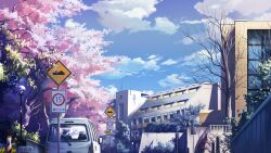  bad_id bad_pixiv_id bare_tree blue_sky building car car_seat cloud day gom_jabbar hazard_stripes lamppost motor_vehicle no_humans original outdoors railing road_sign scenery sign sky speed_limit_sign spring_(season) tree 