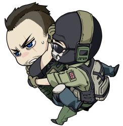  2boys animification balaclava beard blue_eyes call_of_duty call_of_duty:_modern_warfare_2 carrying chibi commentary_request facial_hair ghost_(modern_warfare_2) gloves headset mature_male military military_uniform mohawk multiple_boys princess_carry soap_(modern_warfare_2) sorano_kairi_(tinmeshi) sunglasses sweatdrop uniform 